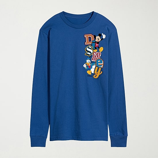 Faux Patch Mens Crew Neck Long Sleeve Regular Fit Mickey and Friends Graphic T-Shirt