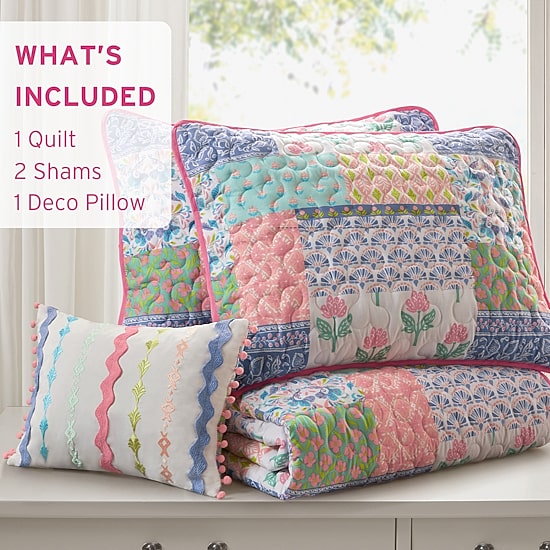 Intelligent Design Summer Patchwork Reversible Quilt Set with Decorative Pillow