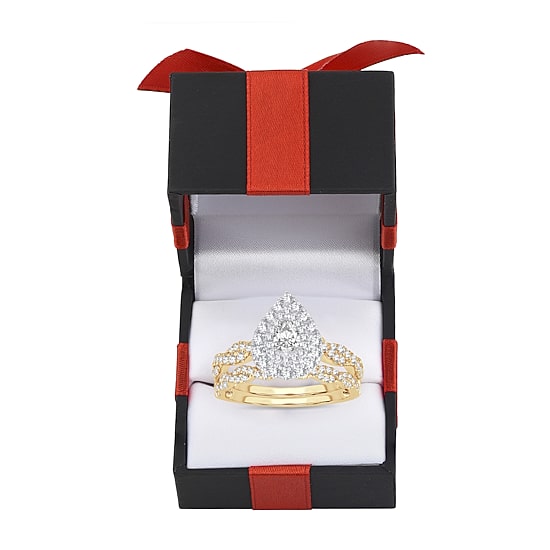Signature By Modern Bride 1 CT.T.W. Natural Diamond Pear Shape Side Stone Halo Bridal Set in 10K or 14K Gold