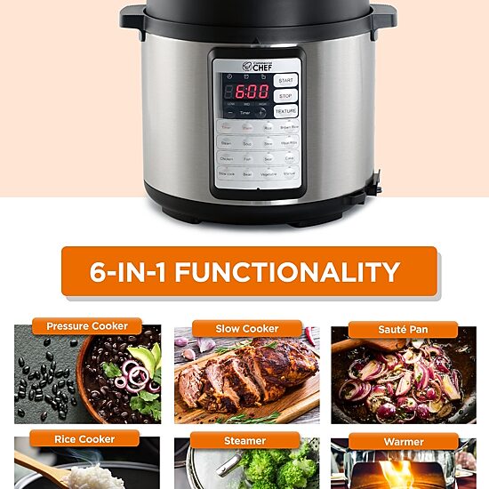 Commercial Chef Electric Pressure Cooker 6.3 Quarts 24-Hour Preset Timer Stainless Steel Interior