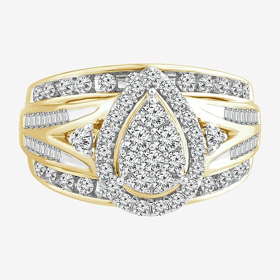 Womens 1 CT. T.W. Natural White Diamond 10K Gold Pear Side Stone Halo Engagement Ring