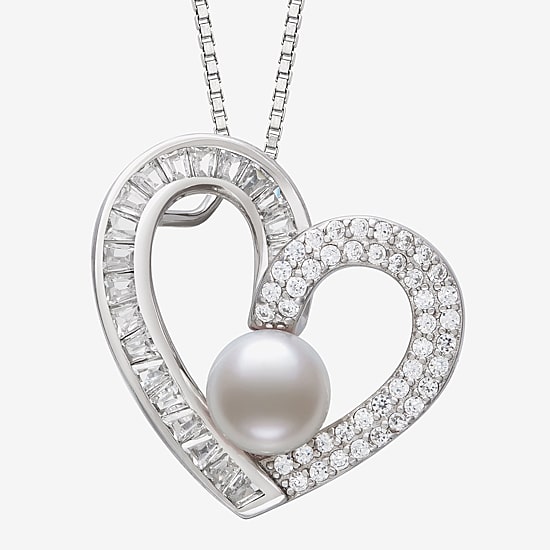 Womens White Cultured Freshwater Pearl Sterling Silver Heart 18 Inch Pendant Necklace