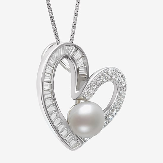 Womens White Cultured Freshwater Pearl Sterling Silver Heart 18 Inch Pendant Necklace