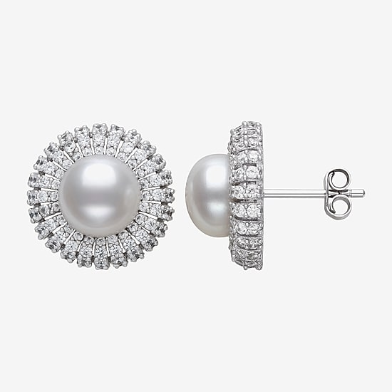 White Cultured Freshwater Pearl Sterling Silver 15mm Round Stud Earrings