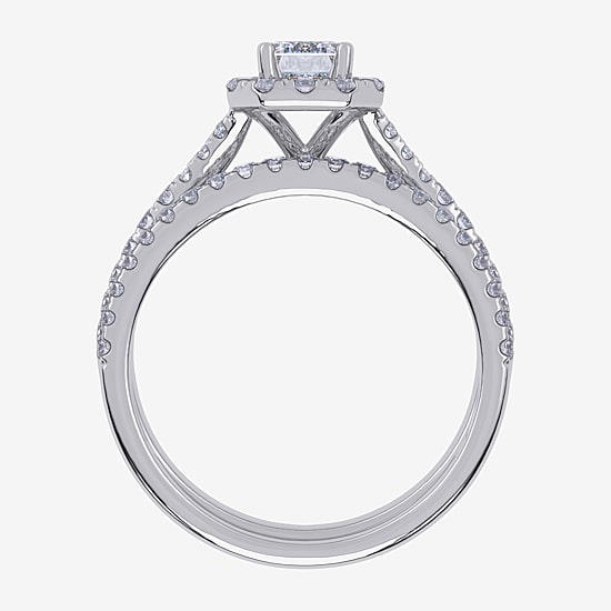 (G / Vs2-Si1) Womens 1 CT. T.W. Lab Grown White Diamond 10K Gold Rectangular Side Stone Halo Bridal Set