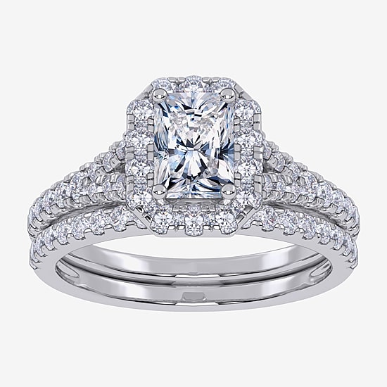 (G / Vs2-Si1) Womens 1 CT. T.W. Lab Grown White Diamond 10K Gold Rectangular Side Stone Halo Bridal Set