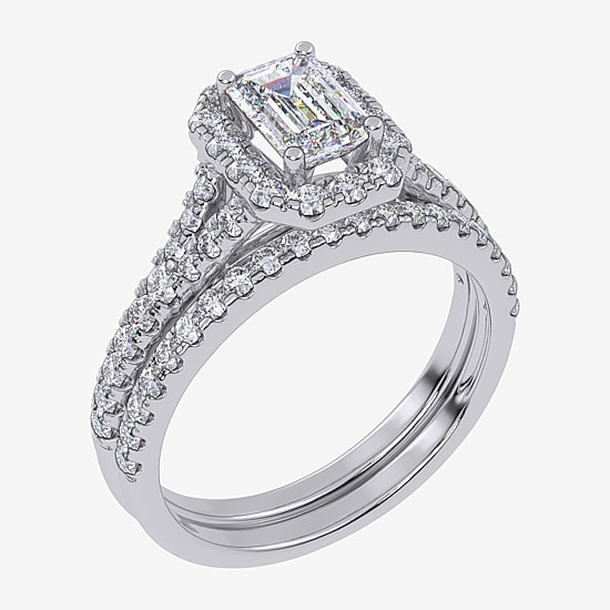 (G / Vs2-Si1) Womens 1 CT. T.W. Lab Grown White Diamond 10K Gold Rectangular Side Stone Halo Bridal Set