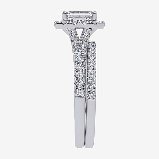(G / Vs2-Si1) Womens 1 CT. T.W. Lab Grown White Diamond 10K Gold Rectangular Side Stone Halo Bridal Set