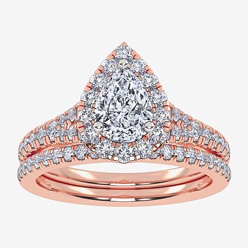 (G / Vs2-Si1) Womens 1 CT. T.W. Lab Grown White Diamond 10K Gold Pear Side Stone Halo Bridal Set, 9, Rose
