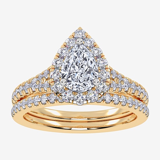(G / Vs2-Si1) Womens 1 CT. T.W. Lab Grown White Diamond 10K Gold Pear Side Stone Halo Bridal Set
