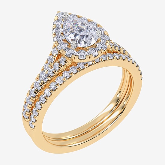 (G / Vs2-Si1) Womens 1 CT. T.W. Lab Grown White Diamond 10K Gold Pear Side Stone Halo Bridal Set