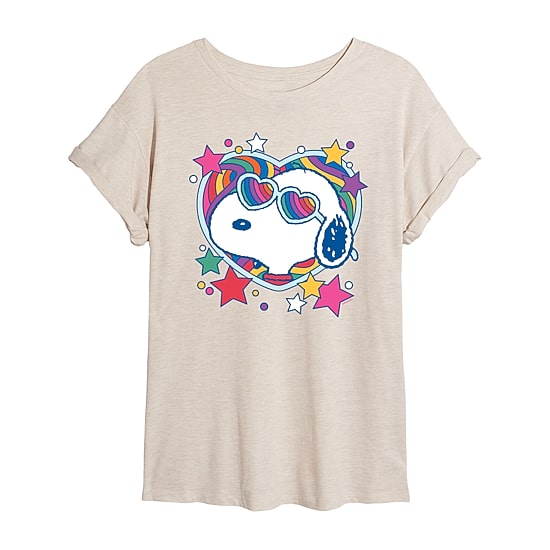 Heart Glasses Womens Juniors Crew Neck Short Sleeve Oversized Peanuts Snoopy Graphic T-Shirt