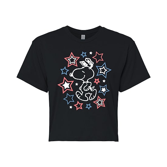 Stars Cropped Womens Juniors Crew Neck Short Sleeve Regular Fit Peanuts Snoopy Graphic T-Shirt