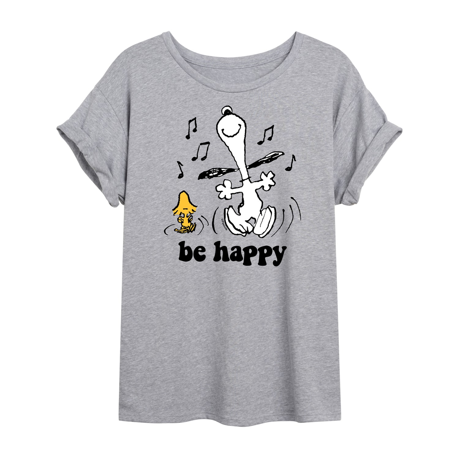 Be Happy Womens Juniors Crew Neck Short Sleeve Oversized Peanuts Snoopy Graphic T-Shirt