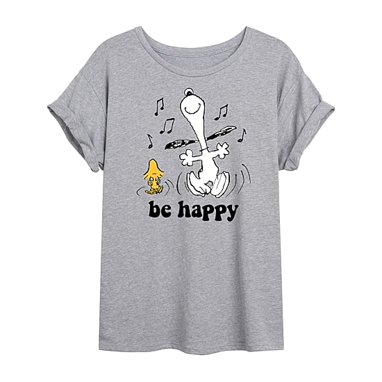 Be Happy Womens Juniors Crew Neck Short Sleeve Oversized Peanuts Snoopy Graphic T-Shirt