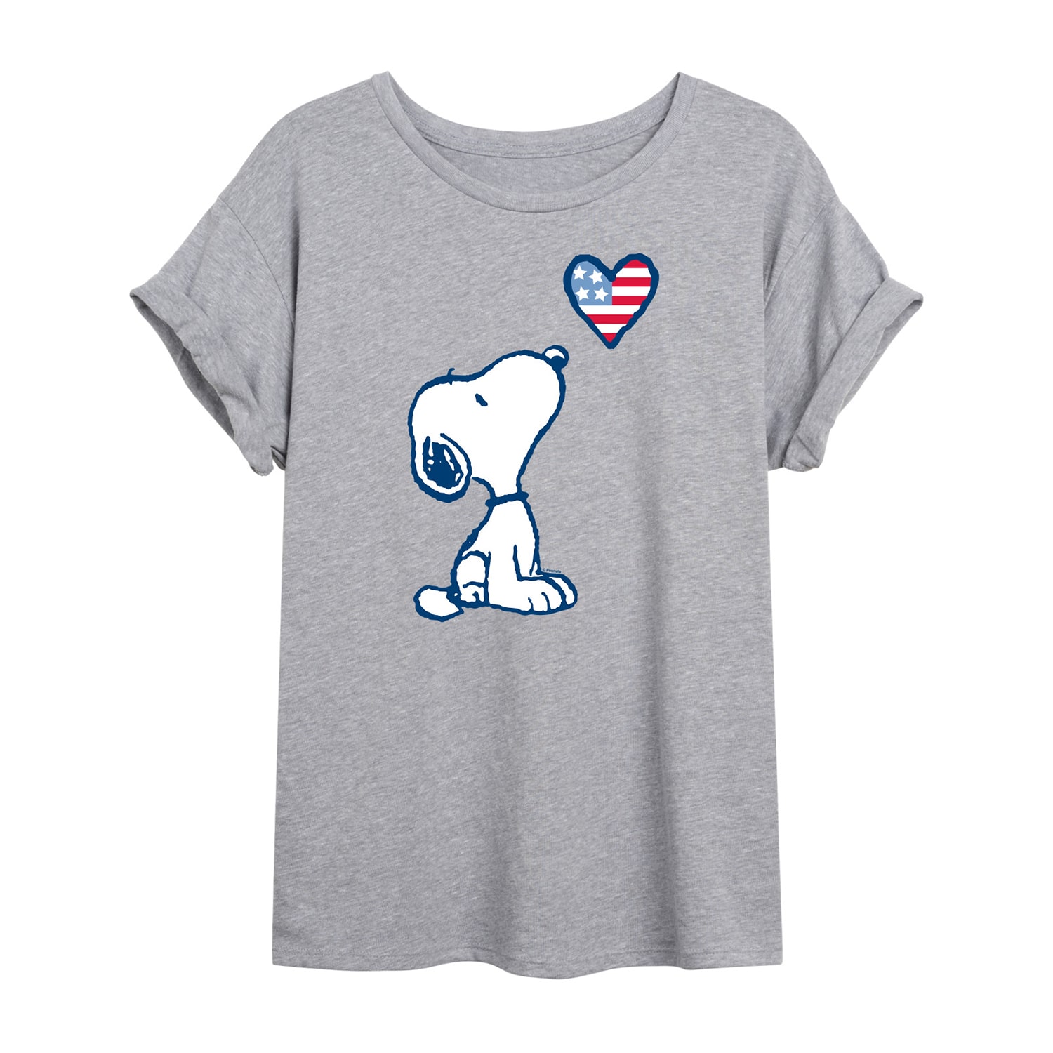 Flag Heart Womens Juniors Crew Neck Short Sleeve Oversized Peanuts Snoopy Graphic T-Shirt