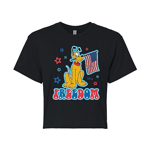 Disney Freedom Cropped Womens Juniors Crew Neck Short Sleeve Regular Fit Mickey and Friends Pluto Graphic T-Shirt, Large, Black