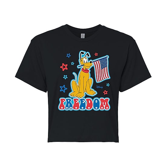 Disney Freedom Cropped Womens Juniors Crew Neck Short Sleeve Regular Fit Mickey and Friends Pluto Graphic T-Shirt