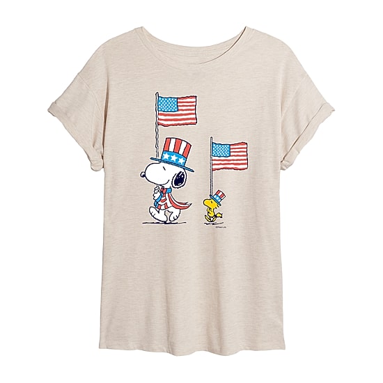 Woodstock Flag Womens Juniors Crew Neck Short Sleeve Oversized Peanuts Snoopy Graphic T-Shirt