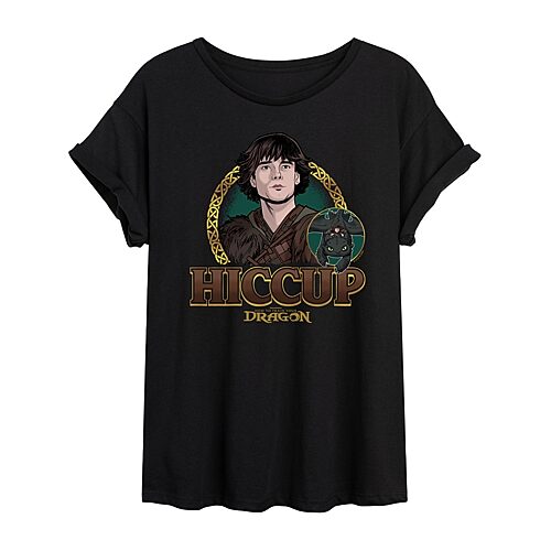 How To Train Your Dragon Hiccup Tee Womens Juniors Crew Neck Short Sleeve Oversized Graphic T-Shirt, Large, Black