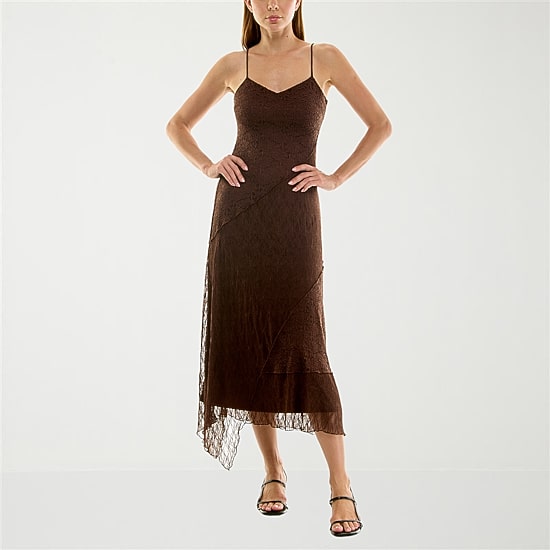 Trixxi Womens Midi V Neck Sleeveless Fit + Flare Dress