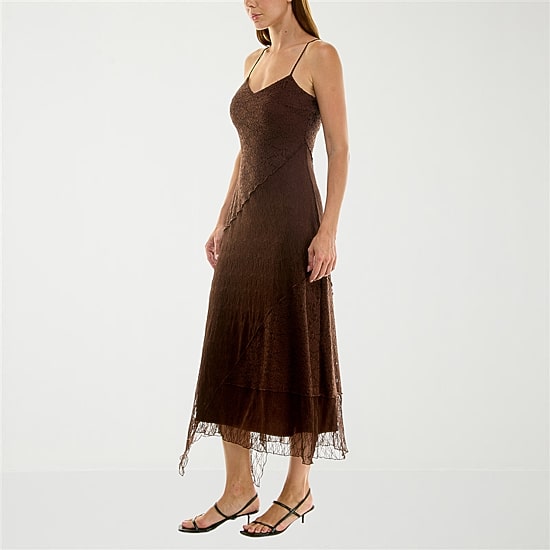 Trixxi Womens Midi V Neck Sleeveless Fit + Flare Dress