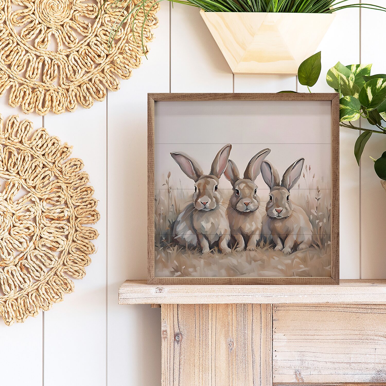 Kendrick Home Framed Three Rabbits Wood Wall Art