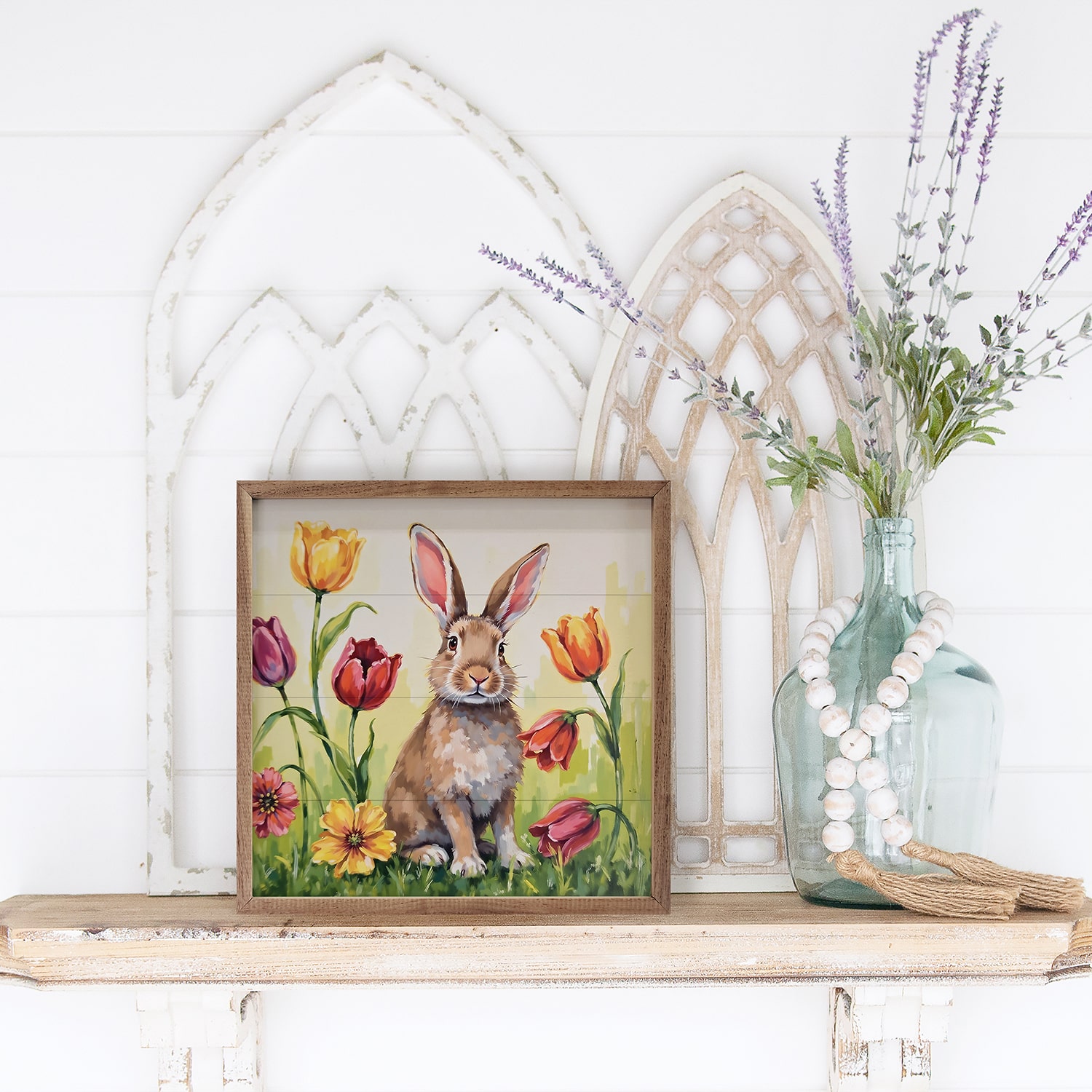 Kendrick Home Framed Bunny Tulips Wood Wall Art