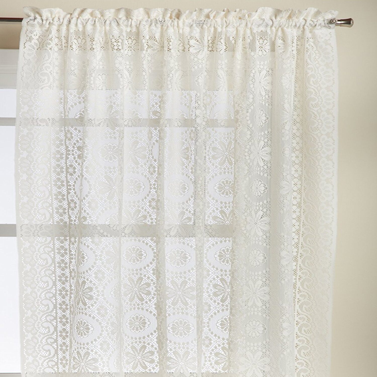 Sweet Home Collection Hopewell Old World Style Floral Lace Rod Pocket Sheer Single Curtain Panel