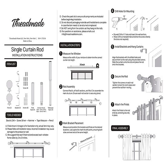 Shaker 3/4-Inch Adjustable Single Curtain Rod with Rounded End Cap Finials