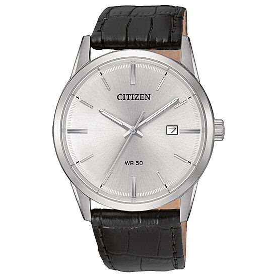 Citizen® Quartz Men'S Silver Tone And Black Stainless Steel Leather Strap Watch Bi5000-01A