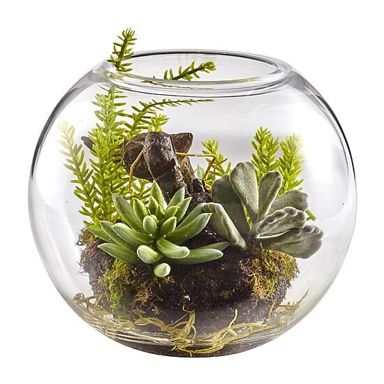 Nearly Natural Mix Succulent Garden With Glass Vase Artificial Flowers