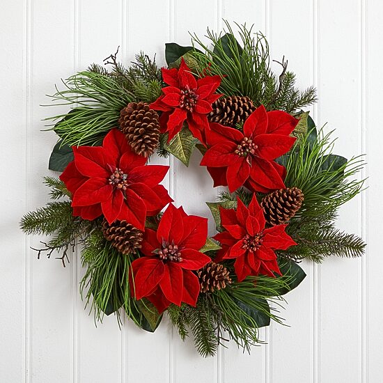 Nearly Natural 28” Poinsettia And Pine Wreath Wreath