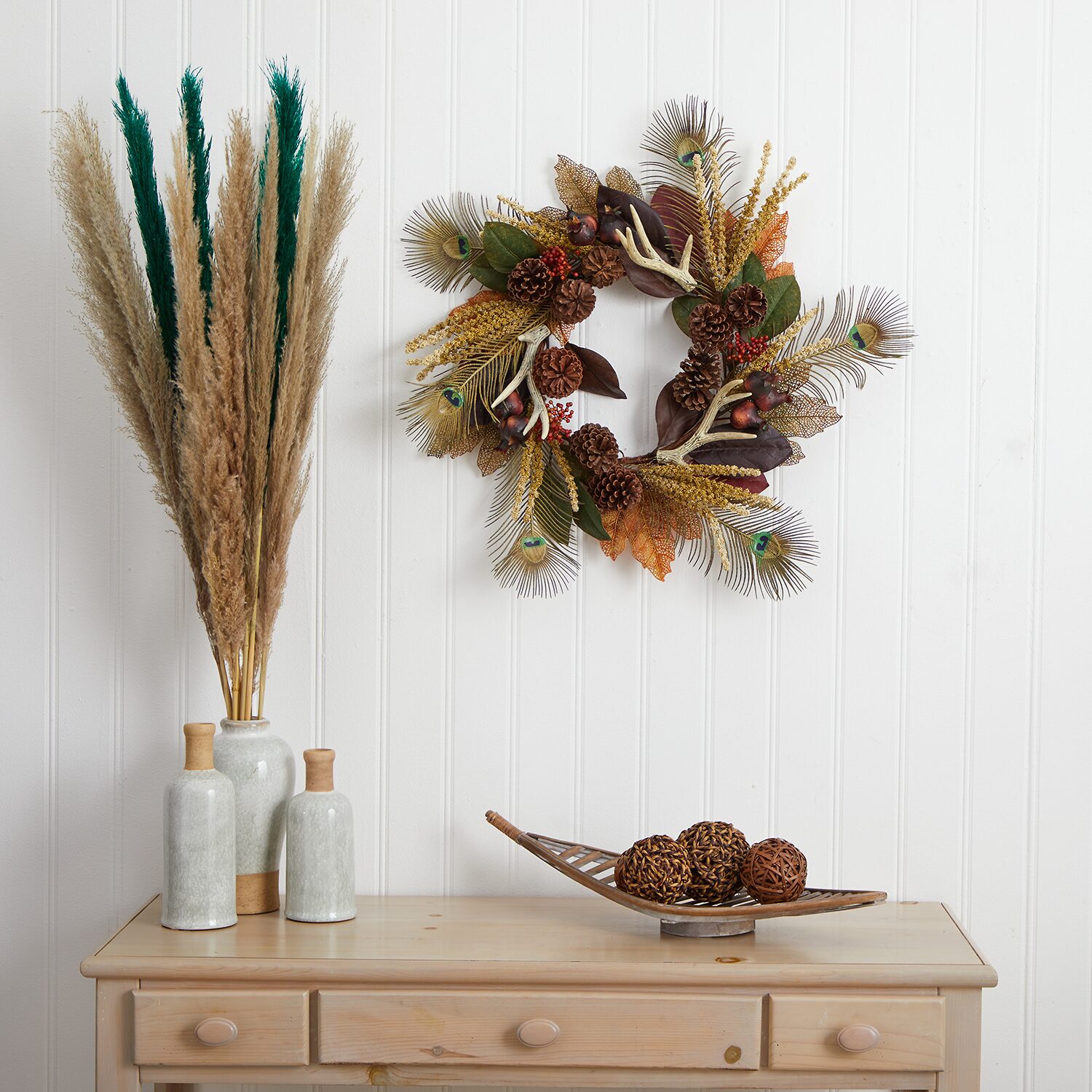 Nearly Natural 27in. Magnolia Leaf; Berry; Antler And Peacock Feather Wreath