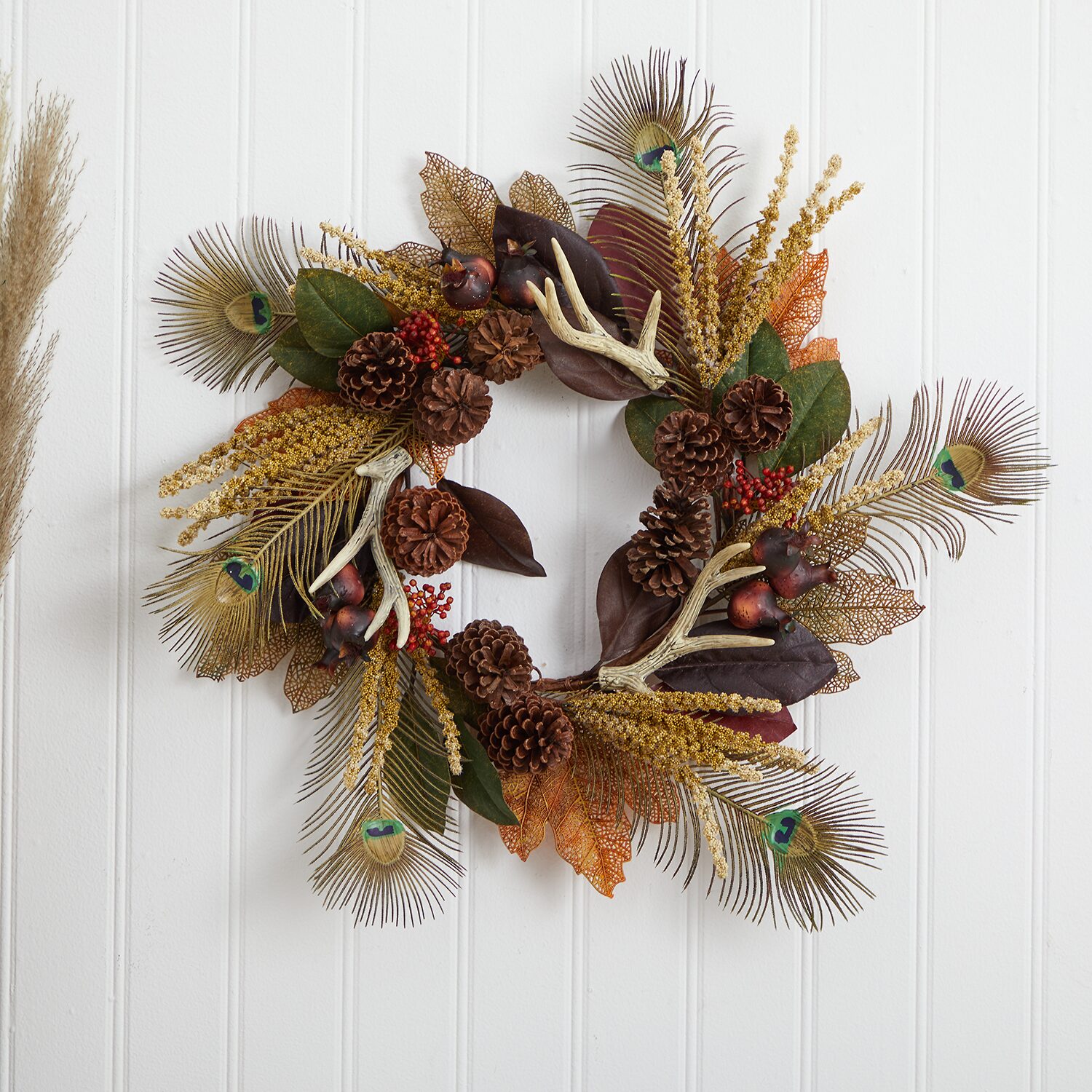 Nearly Natural 27in. Magnolia Leaf; Berry; Antler And Peacock Feather Wreath