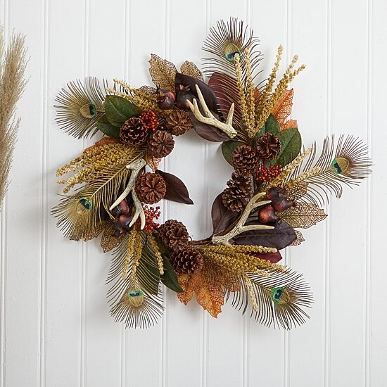 Nearly Natural 27in. Magnolia Leaf; Berry; Antler And Peacock Feather Wreath