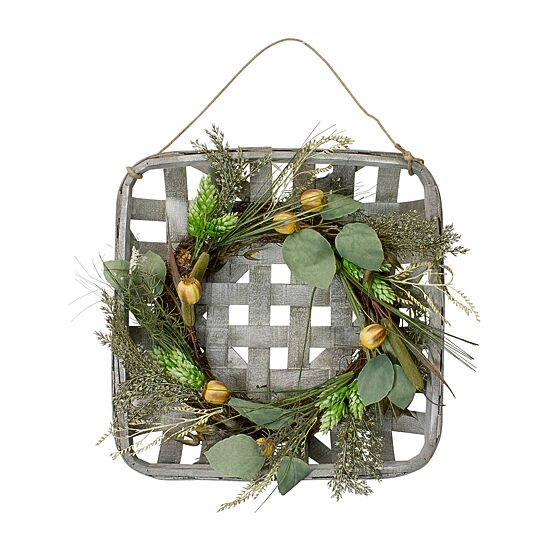 Northlight Cattail Grapevine Wooden Tray Hanging Wreath
