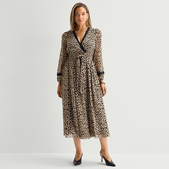 Melonie T Womens Midi V Neck Long Sleeve Cuffed Chiffon Maxi Dress