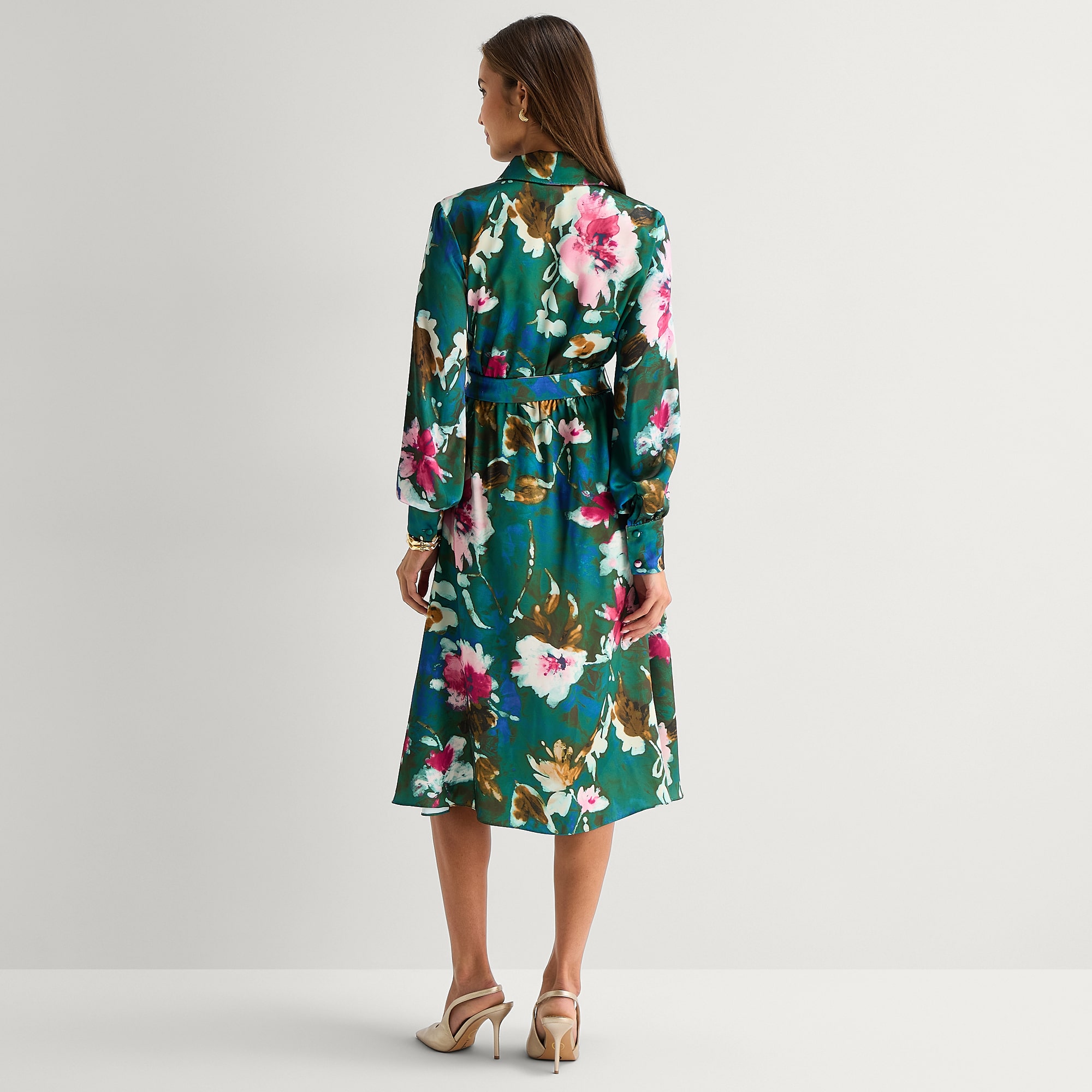 Melonie T Womens Belted Long Sleeve Midi Floral Shirt Dress