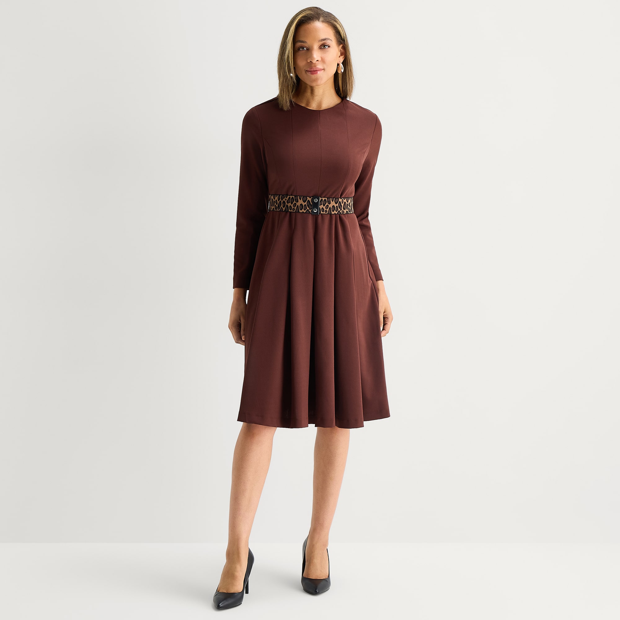 Danny & Nicole Womens Midi Round Neck Long Sleeve Fitted Fit + Flare Dress