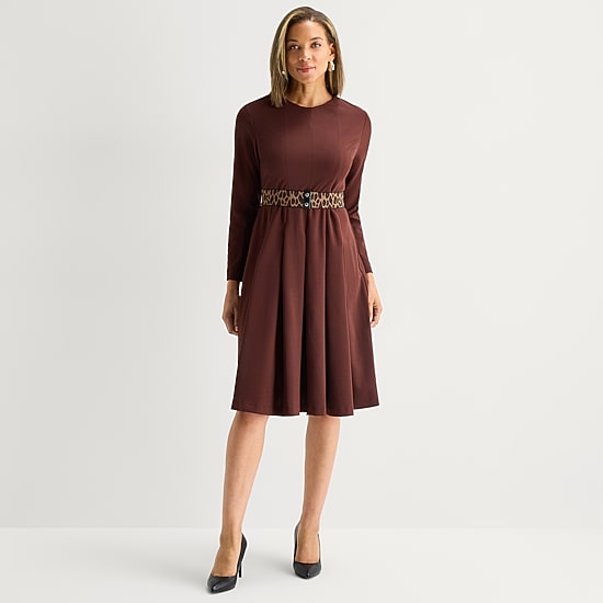 Danny & Nicole Womens Midi Round Neck Long Sleeve Fitted Fit + Flare Dress