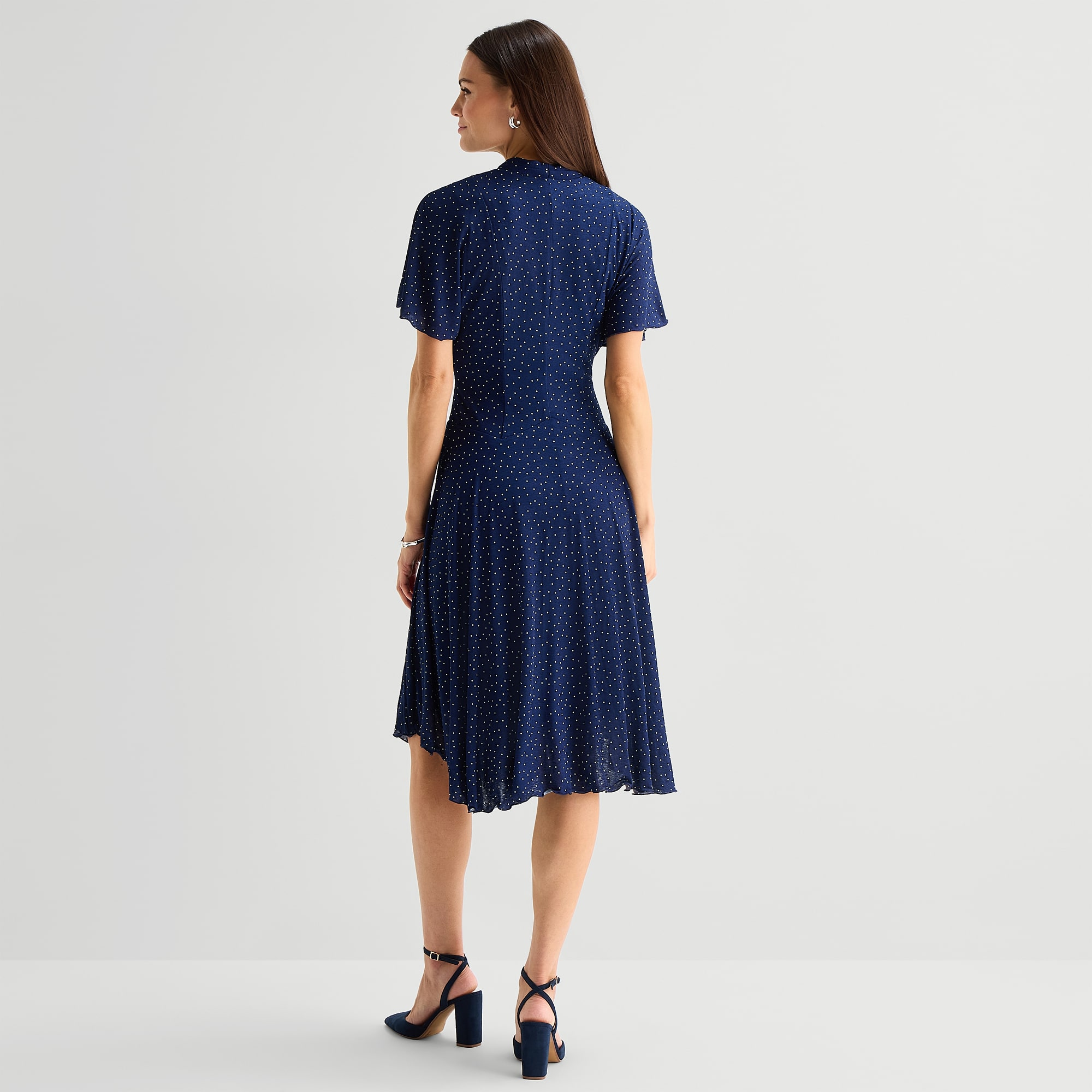 Rabbit Design Womens Midi V Neck Short Sleeve Flutter Pin Dot Fit + Flare Dress