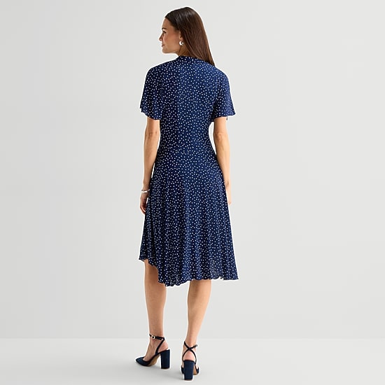 Rabbit Rabbit Rabbit Design Womens Midi V Neck Short Sleeve Flutter Pin Dot Fit + Flare Dress