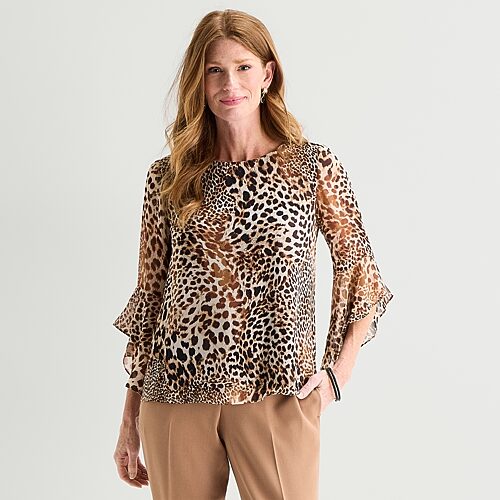 Black Label By Evan Picone Womens Round Neck 3/4 Sleeve Blouse In Gold