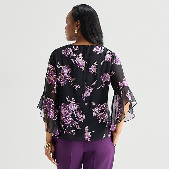 Black Label by Evan-Picone Womens Round Neck 3/4 Sleeve Blouse