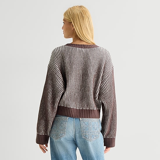 Arizona Juniors Womens Crew Neck Long Sleeve Striped Pullover Sweater