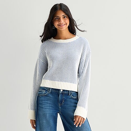 Arizona Juniors Womens Crew Neck Long Sleeve Striped Pullover Sweater In Blue