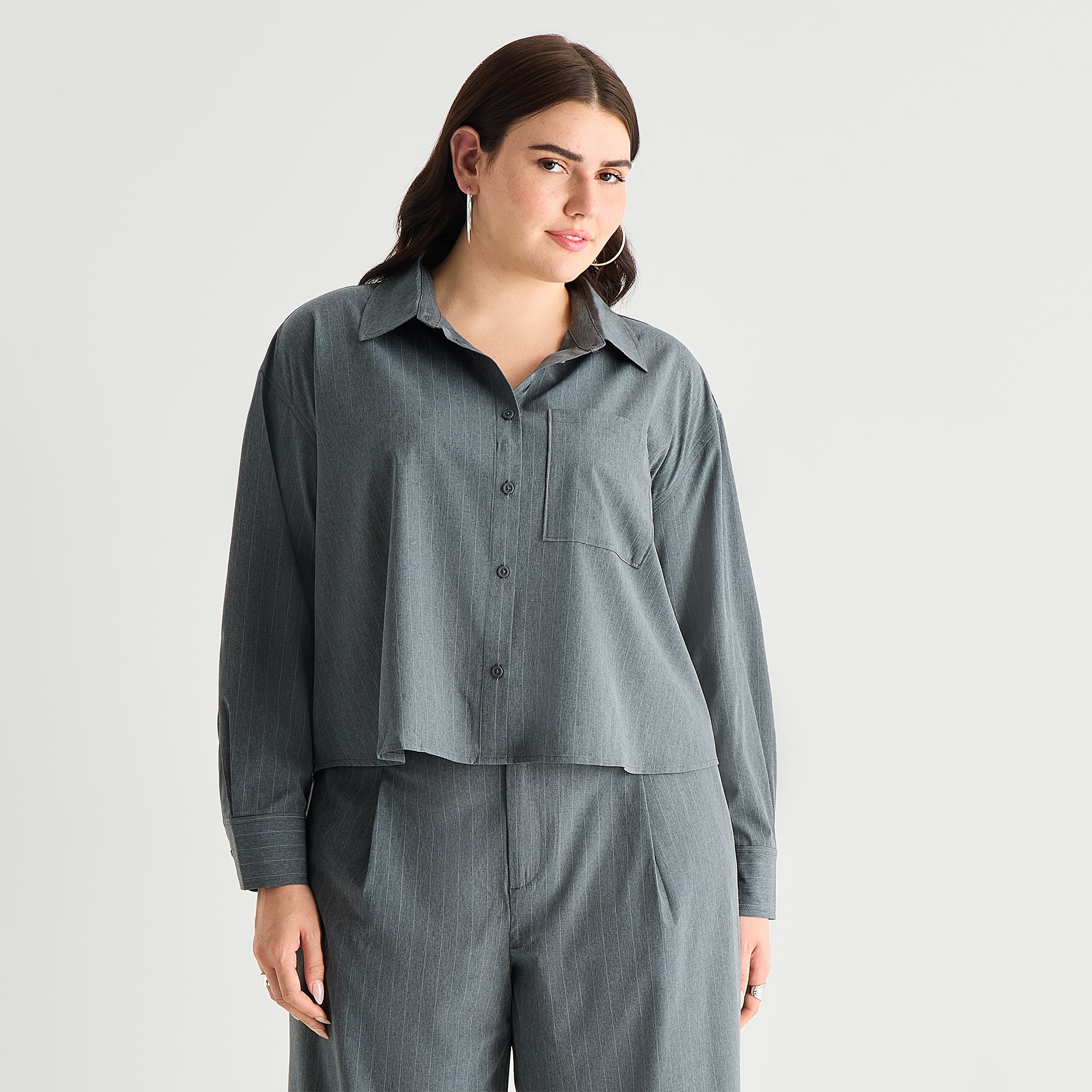 Stylus Womens Plus Cuffed Long Sleeve Regular Fit Button-Down Shirt