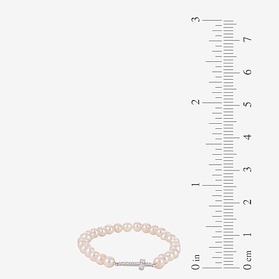 Cultured Freshwater Pearl & Crystal Sideways Cross Stretch Bracelet