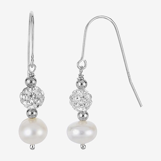 Womens White Cultured Freshwater Pearl Sterling Silver Ball Drop Earrings